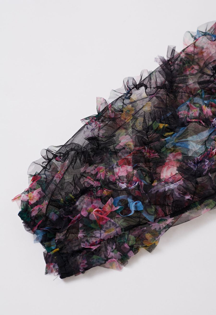 Fairy Dream Floral Ruffle Mesh Top in Black