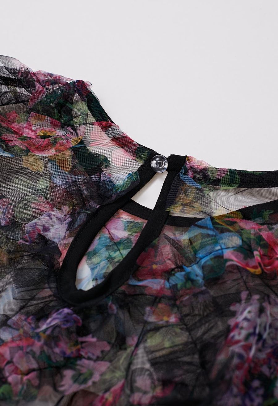 Fairy Dream Floral Ruffle Mesh Top in Black