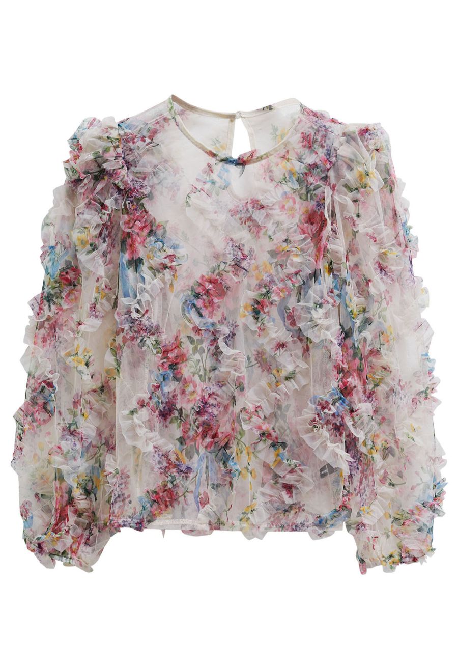 Fairy Dream Floral Ruffle Mesh Top in Cream