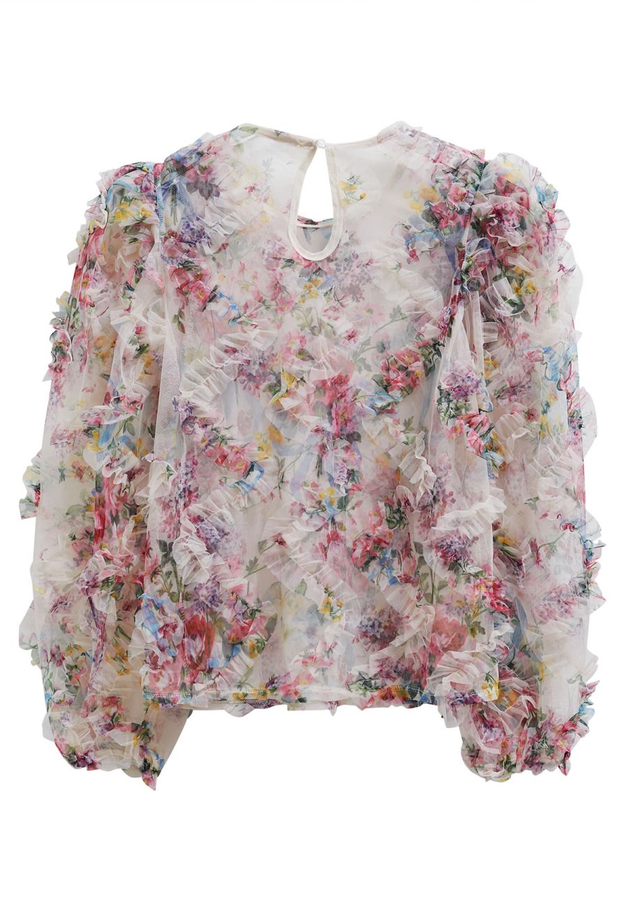 Fairy Dream Floral Ruffle Mesh Top in Cream