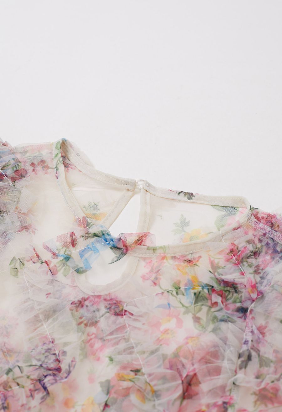 Fairy Dream Floral Ruffle Mesh Top in Cream