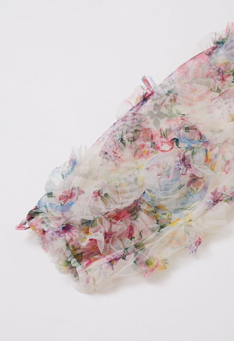 Fairy Dream Floral Ruffle Mesh Top in Cream