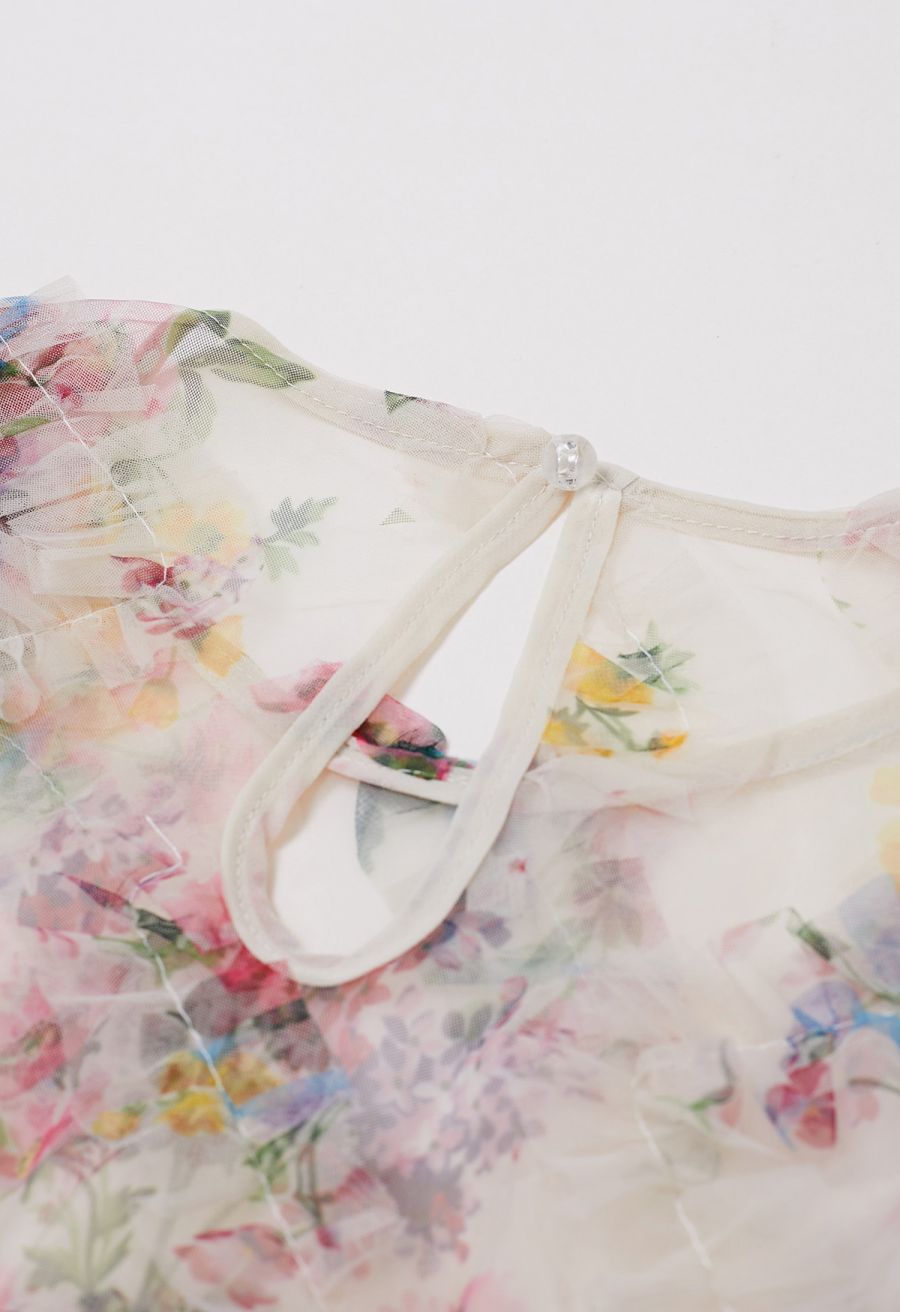 Fairy Dream Floral Ruffle Mesh Top in Cream