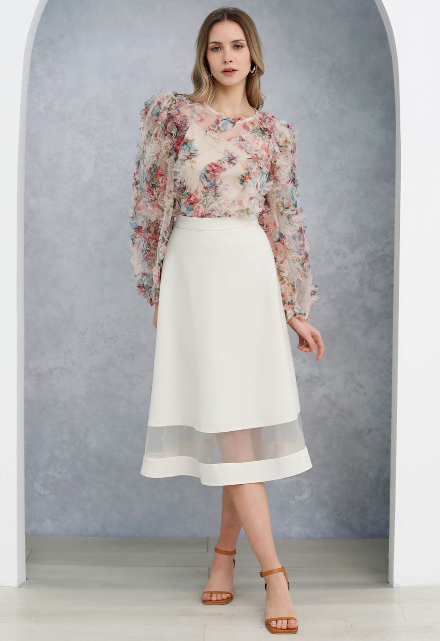 Fairy Dream Floral Ruffle Mesh Top in Cream