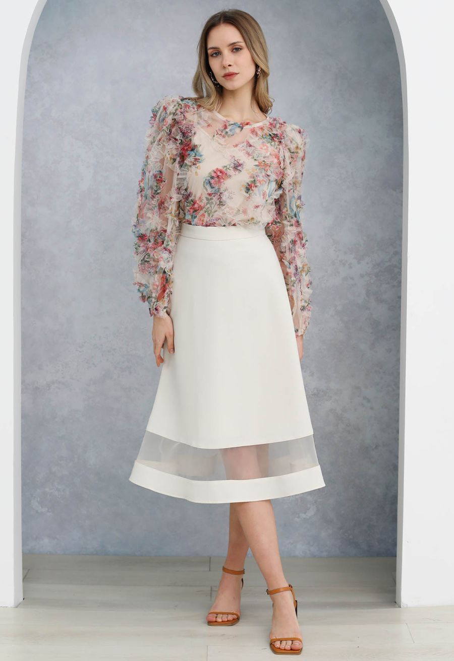 Fairy Dream Floral Ruffle Mesh Top in Cream