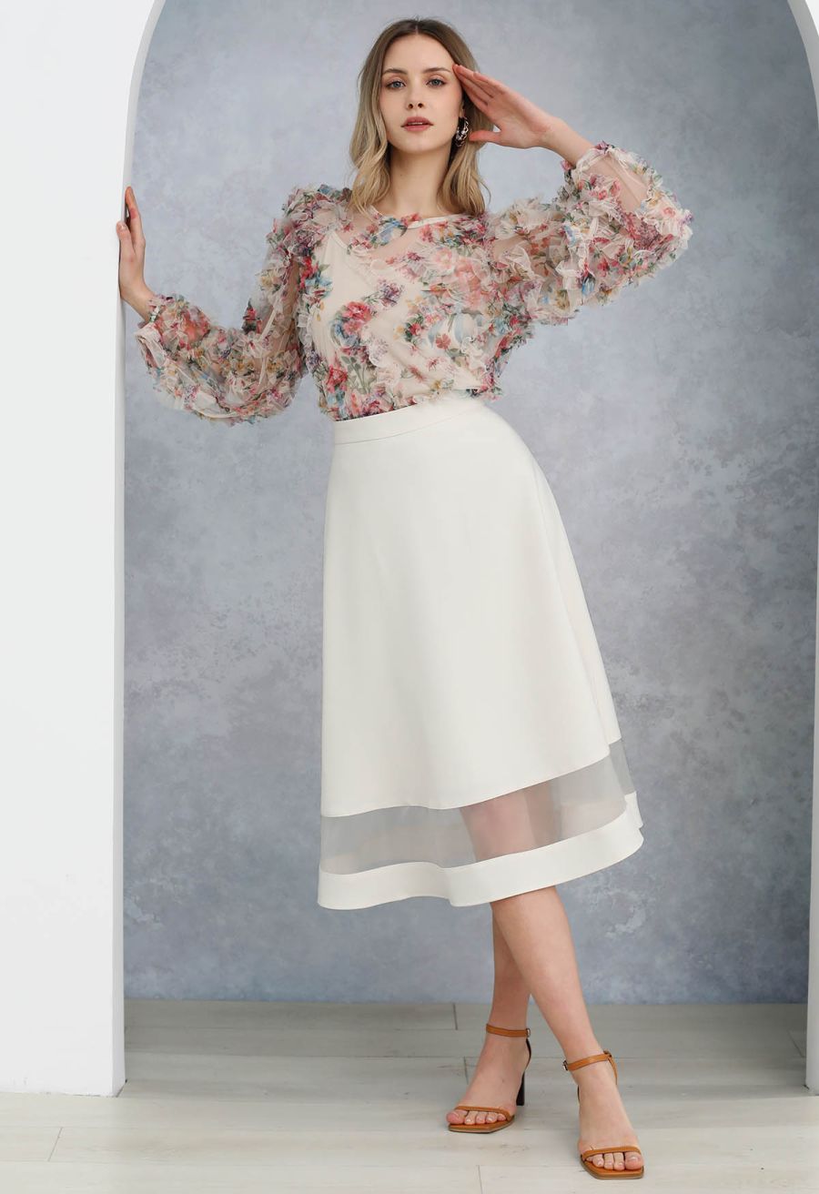 Fairy Dream Floral Ruffle Mesh Top in Cream
