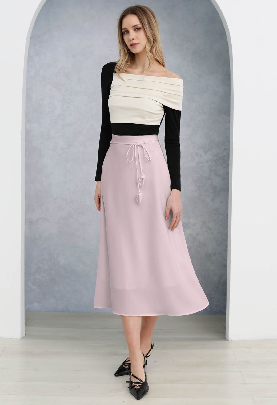 Glam Tie-Waist Midi Skirt in Pink