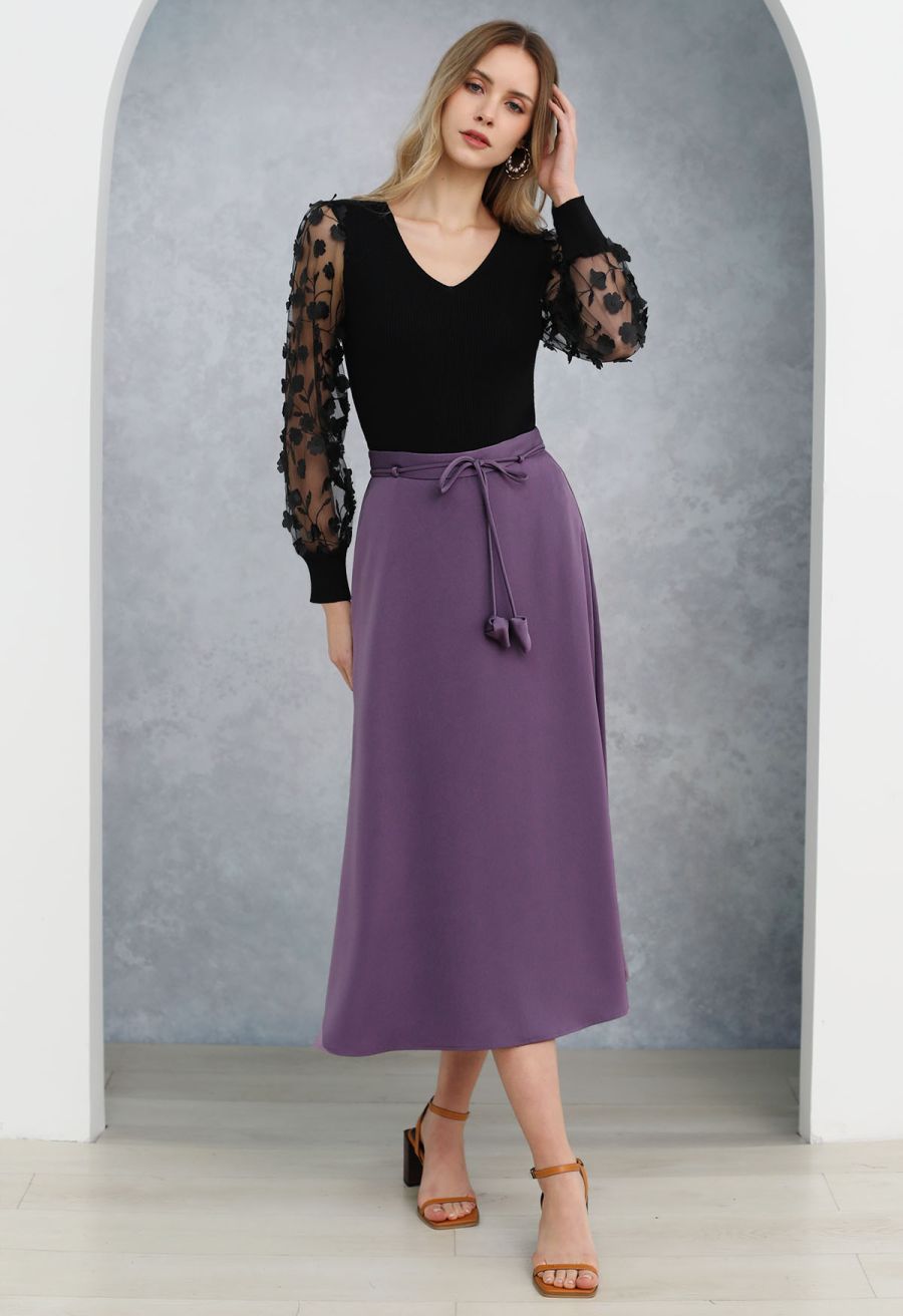 Glam Tie-Waist Midi Skirt in Purple