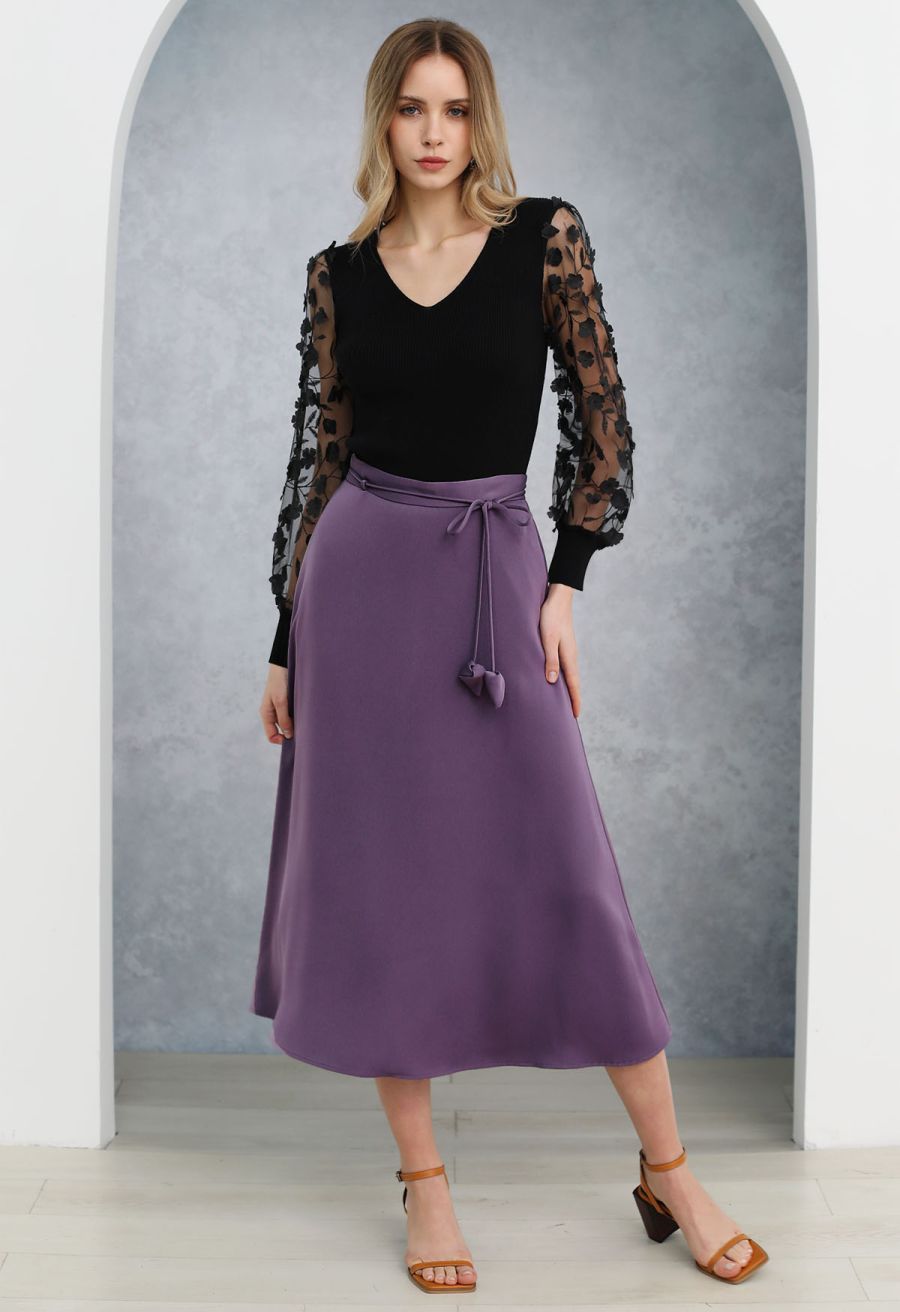Glam Tie-Waist Midi Skirt in Purple