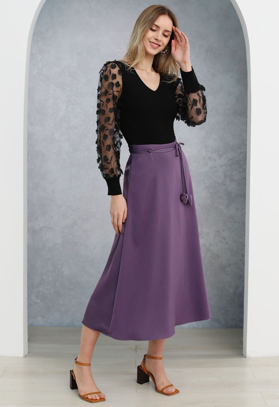Glam Tie-Waist Midi Skirt in Purple
