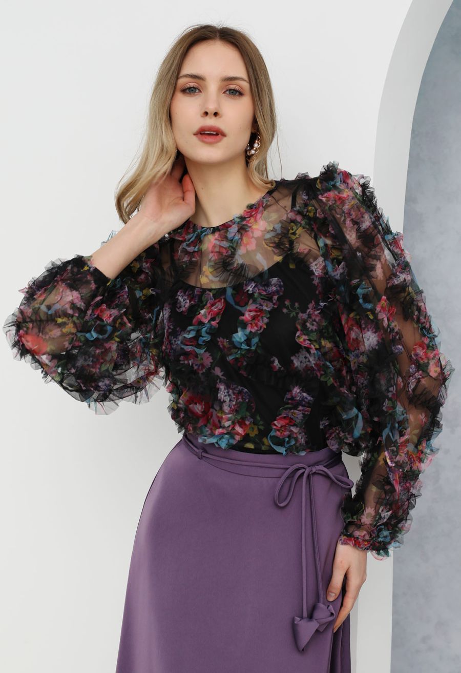 Fairy Dream Floral Ruffle Mesh Top in Black
