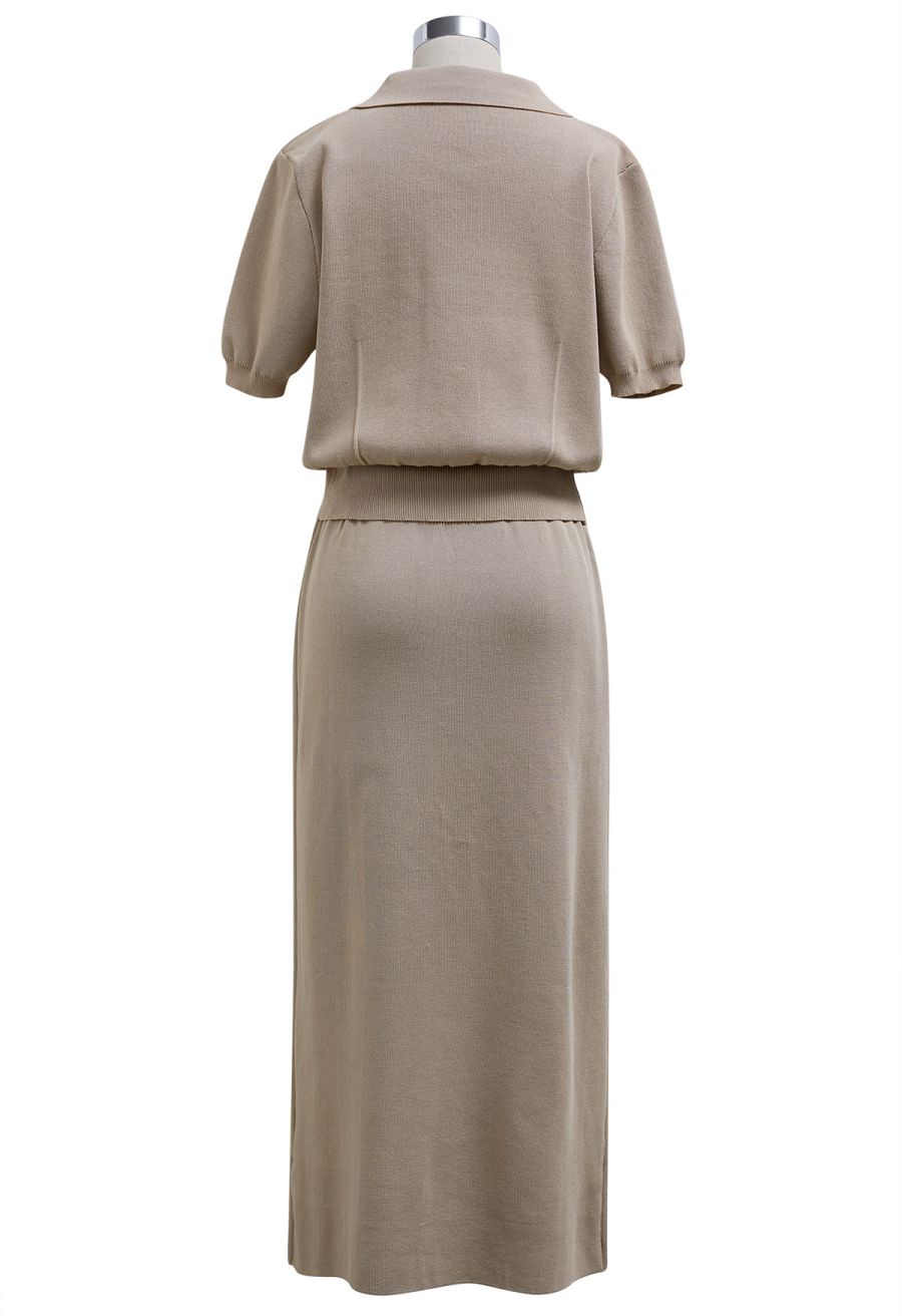 Standout Button Short-Sleeve Knit Top and Midi Skirt Set in Taupe
