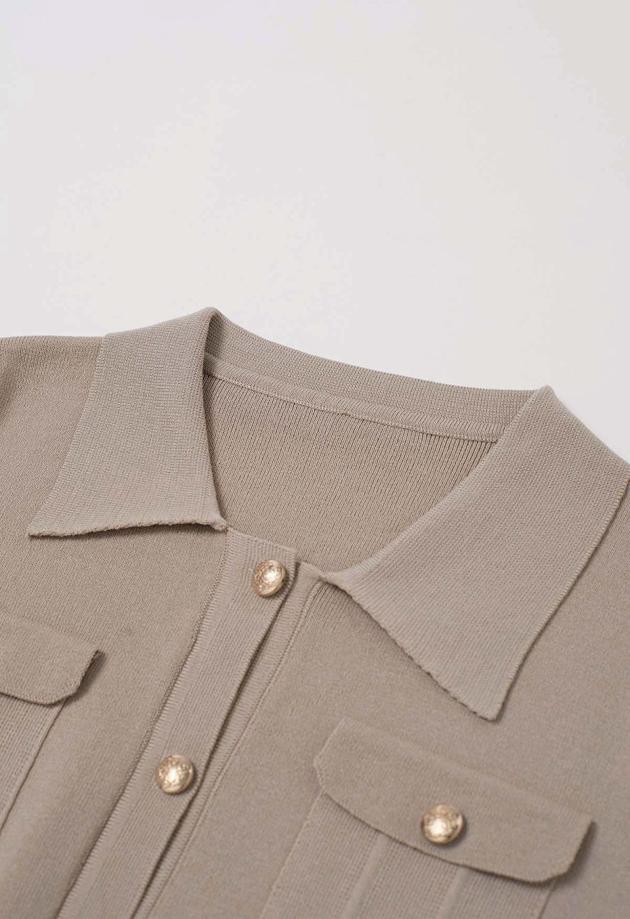 Standout Button Short-Sleeve Knit Top and Midi Skirt Set in Taupe