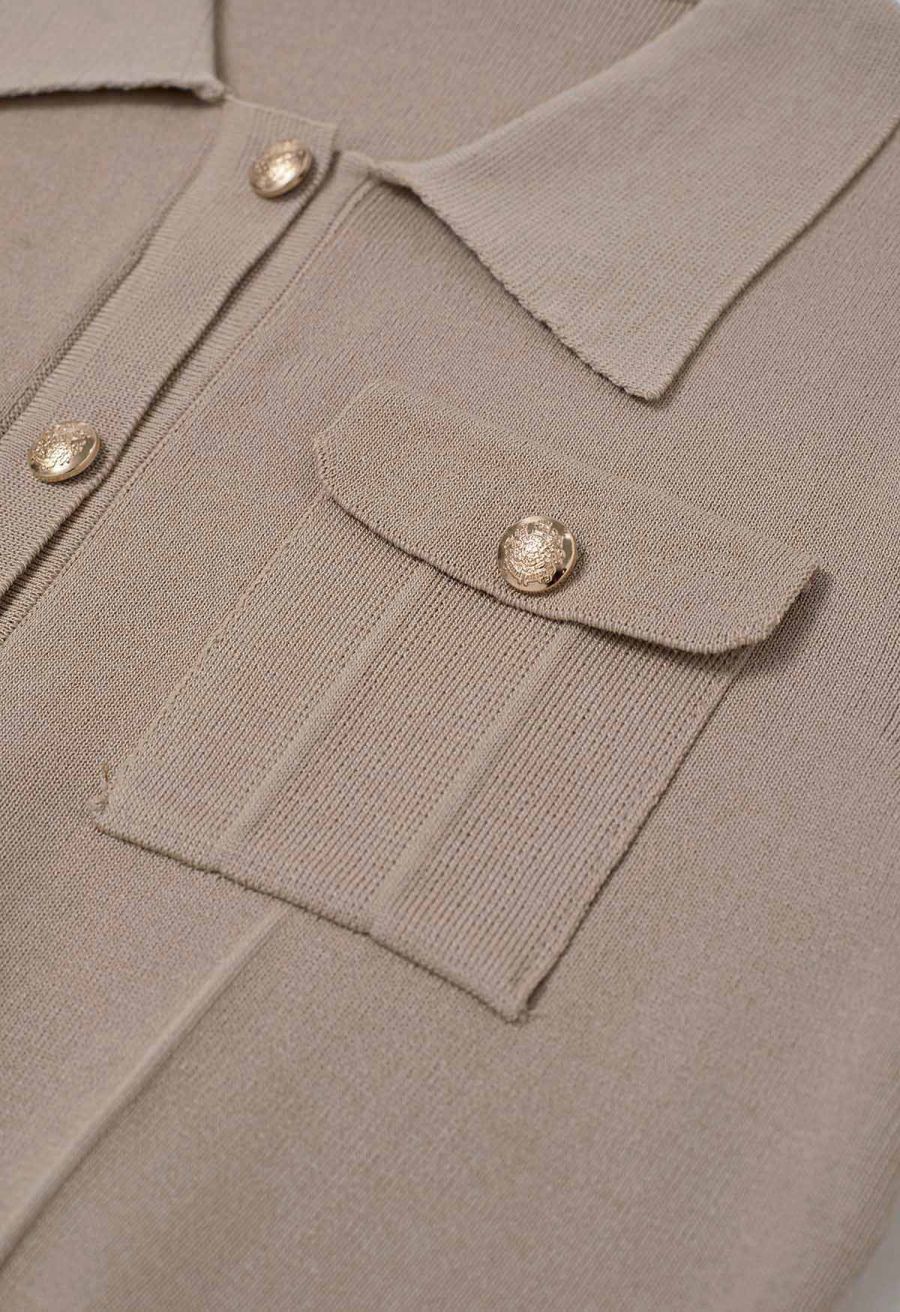 Standout Button Short-Sleeve Knit Top and Midi Skirt Set in Taupe