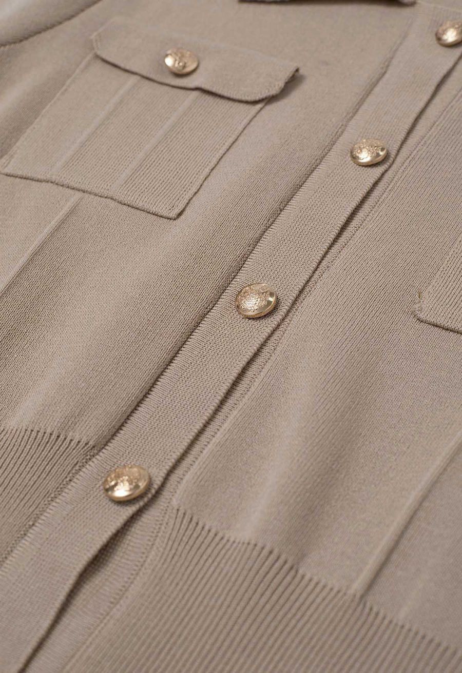 Standout Button Short-Sleeve Knit Top and Midi Skirt Set in Taupe