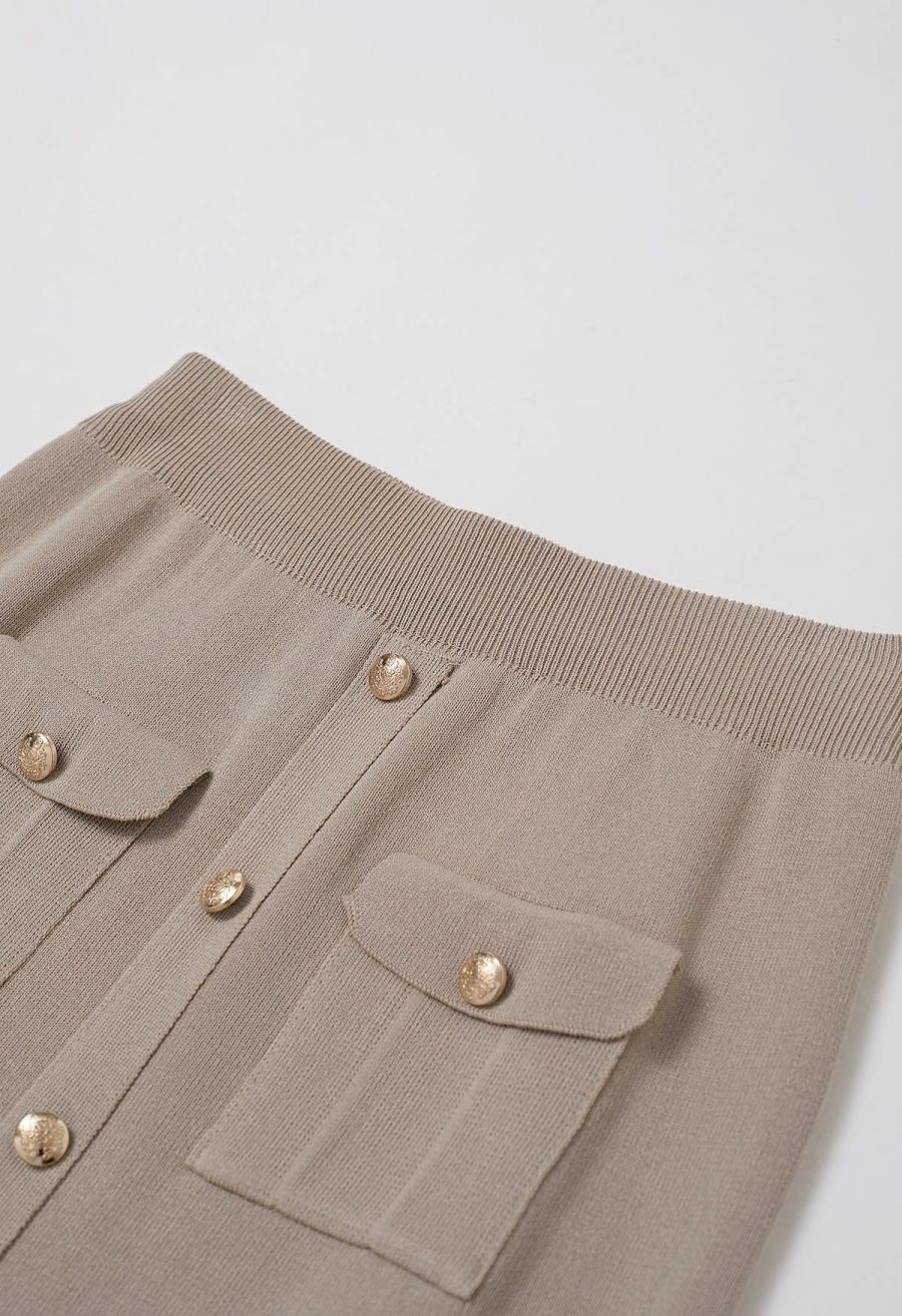 Standout Button Short-Sleeve Knit Top and Midi Skirt Set in Taupe