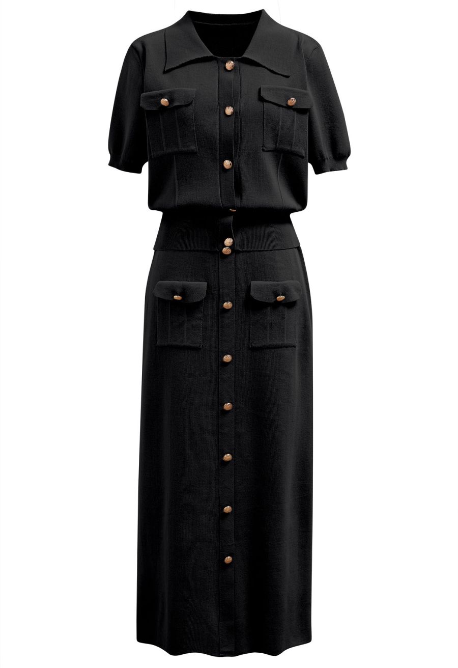 Standout Button Short-Sleeve Knit Top and Midi Skirt Set in Black