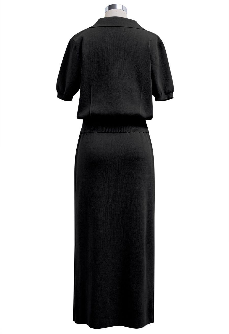 Standout Button Short-Sleeve Knit Top and Midi Skirt Set in Black