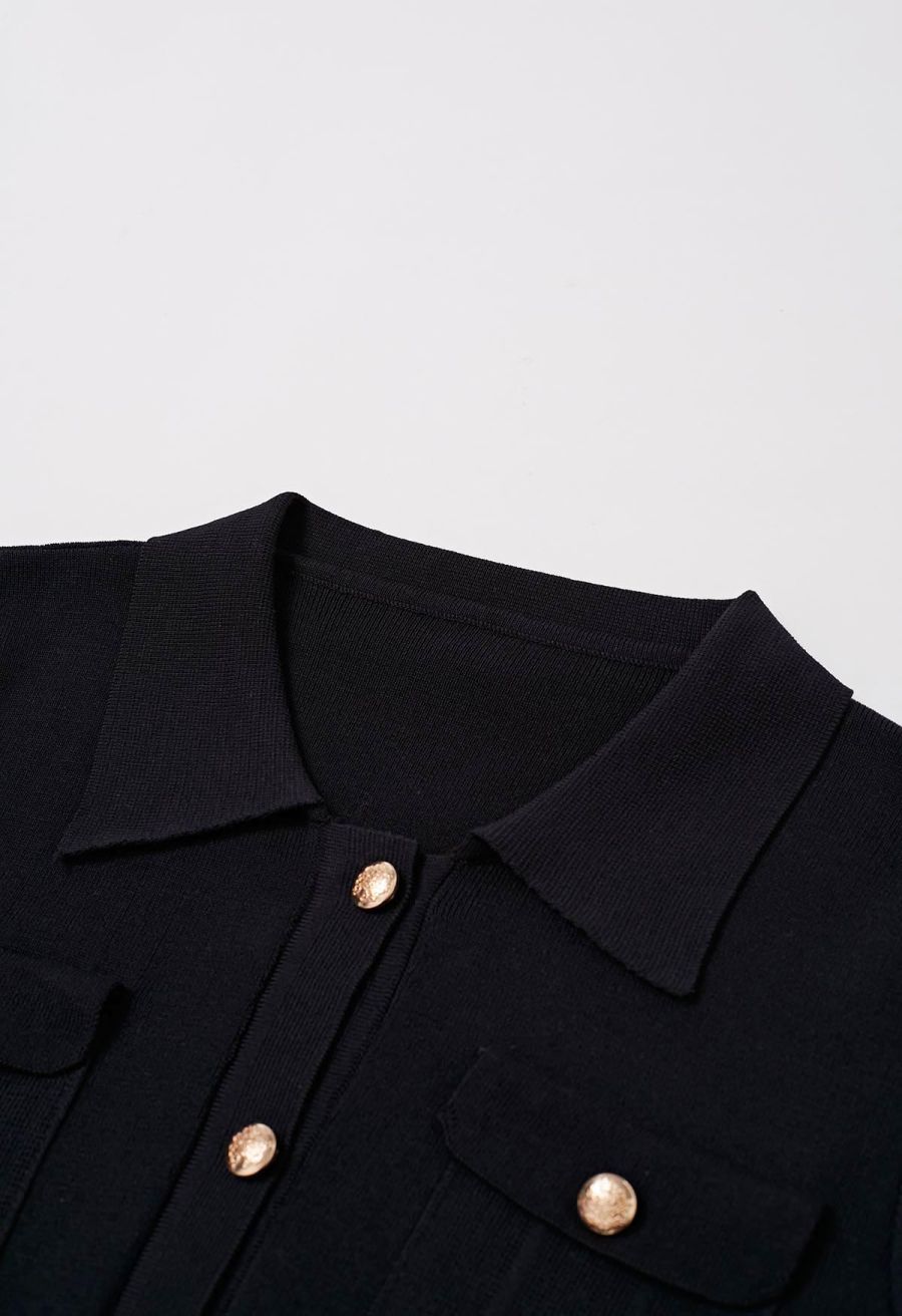 Standout Button Short-Sleeve Knit Top and Midi Skirt Set in Black