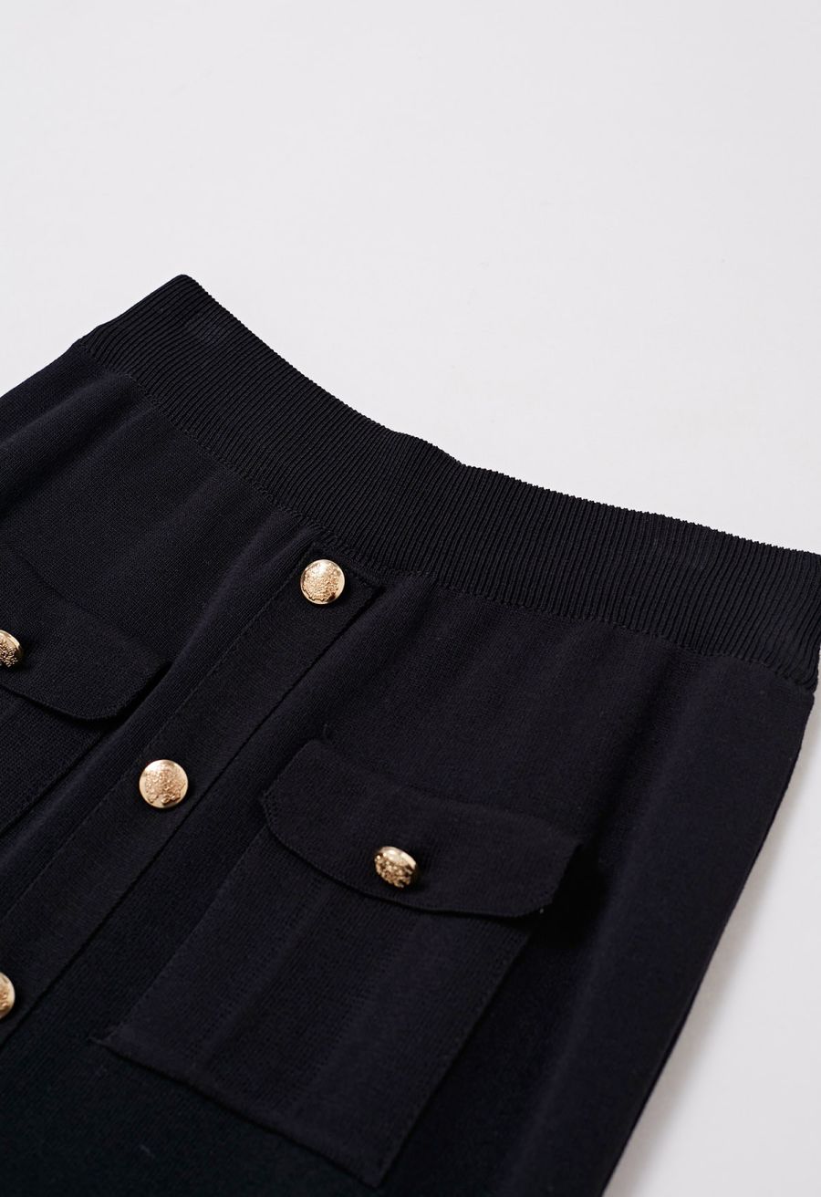 Standout Button Short-Sleeve Knit Top and Midi Skirt Set in Black