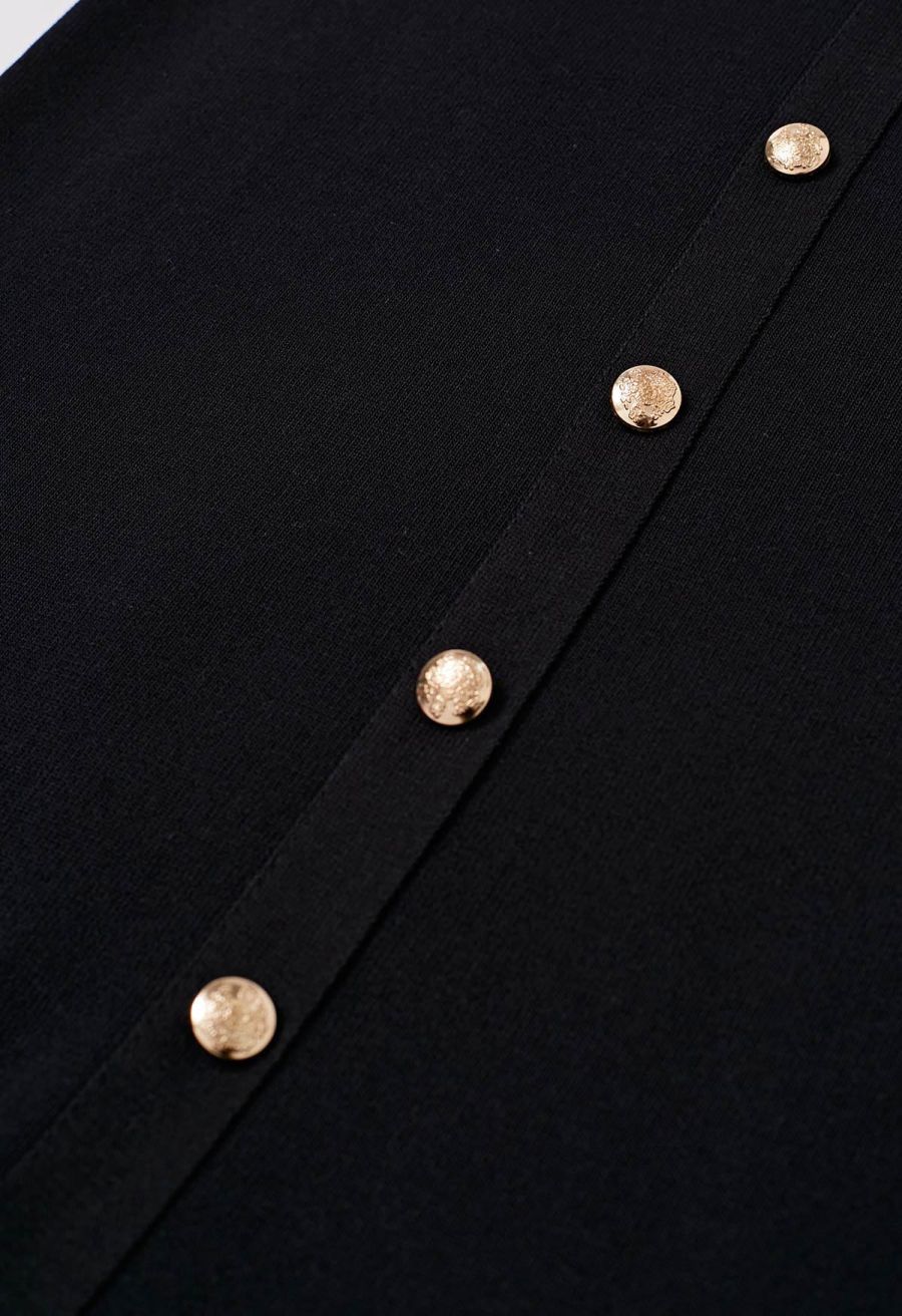Standout Button Short-Sleeve Knit Top and Midi Skirt Set in Black