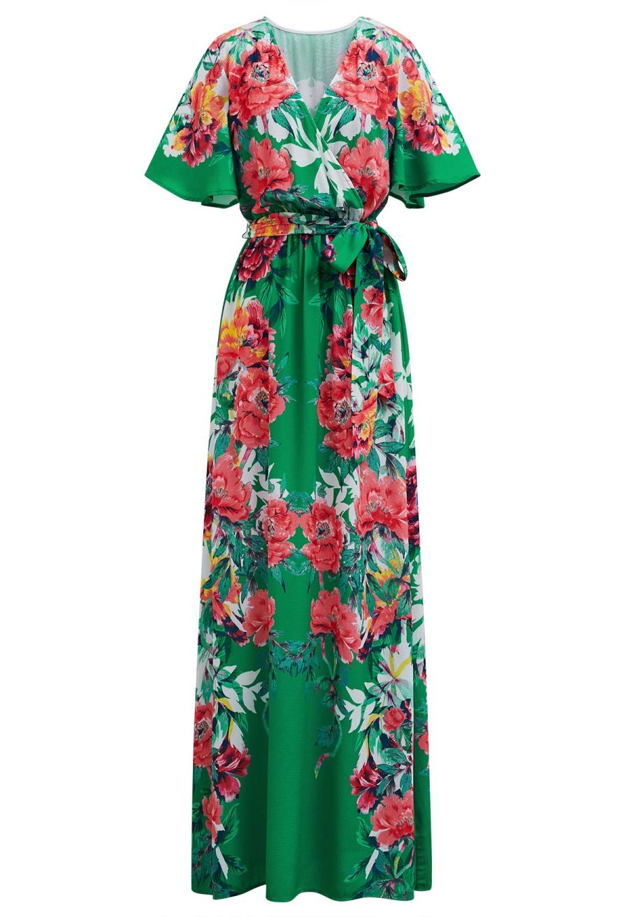 Greenery Blossom Printed Faux-Wrap Maxi Dress