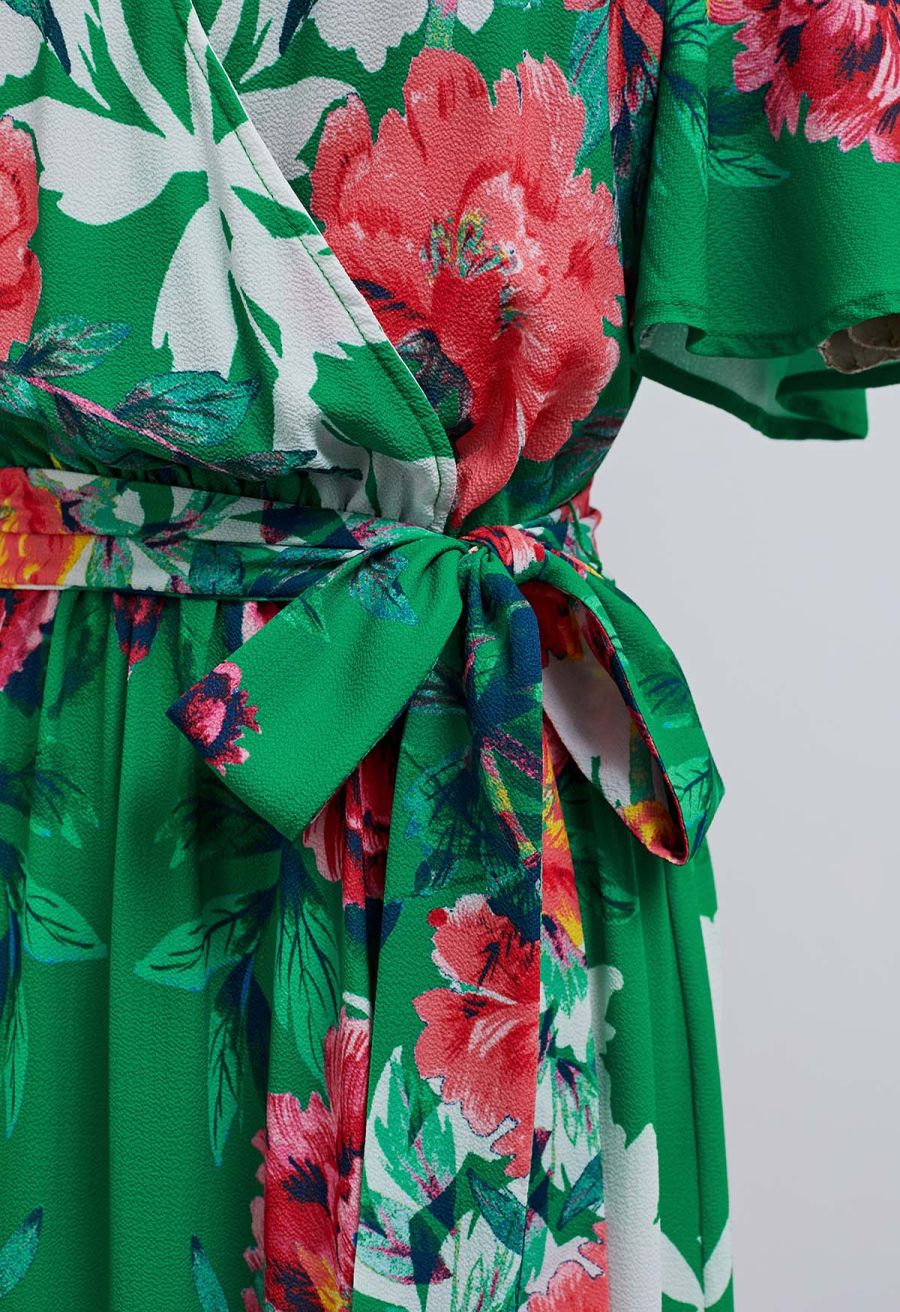 Greenery Blossom Printed Faux-Wrap Maxi Dress