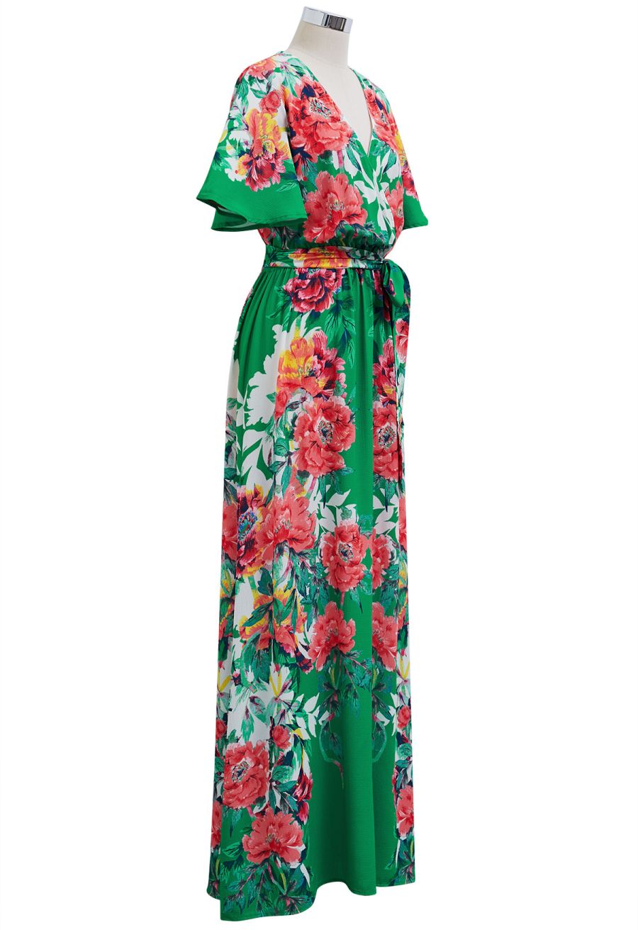 Greenery Blossom Printed Faux-Wrap Maxi Dress