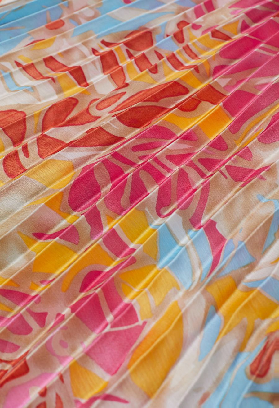 Coral Tropical Printed Full Pleats Button Down Asymmetric Maxi Dress