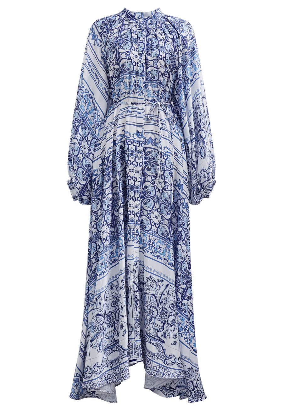 Blue Tile Printed Full Pleats Button Down Asymmetric Maxi Dress