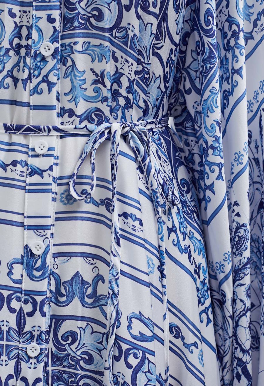 Blue Tile Printed Full Pleats Button Down Asymmetric Maxi Dress