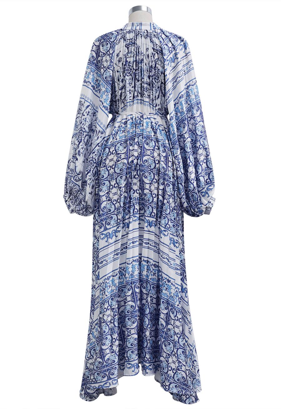 Blue Tile Printed Full Pleats Button Down Asymmetric Maxi Dress