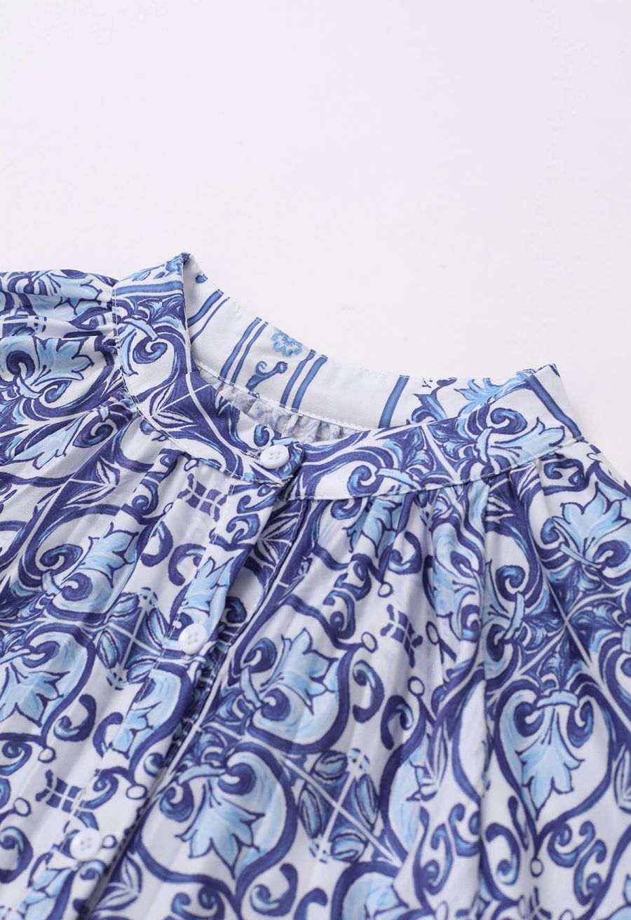 Blue Tile Printed Full Pleats Button Down Asymmetric Maxi Dress