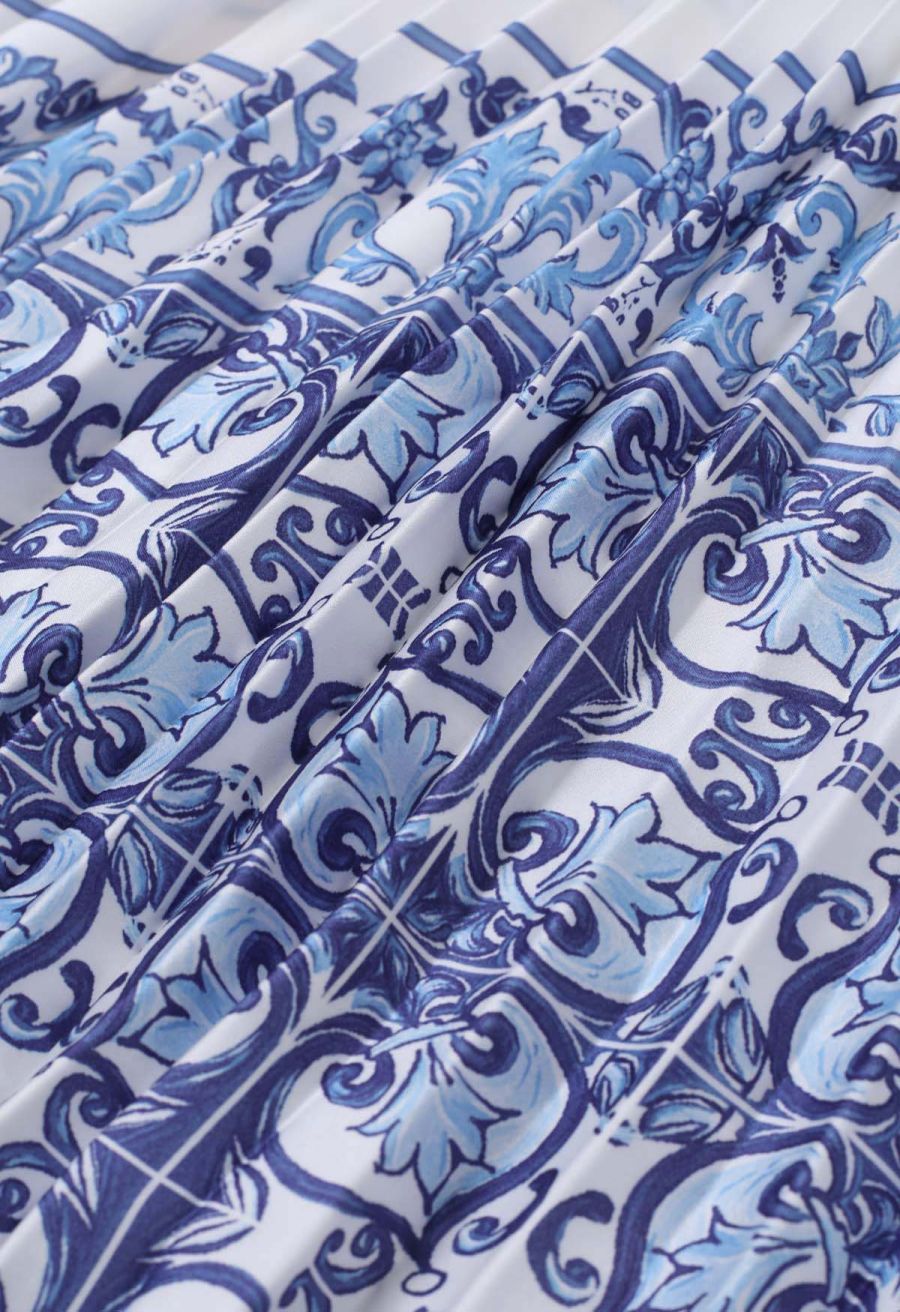 Blue Tile Printed Full Pleats Button Down Asymmetric Maxi Dress