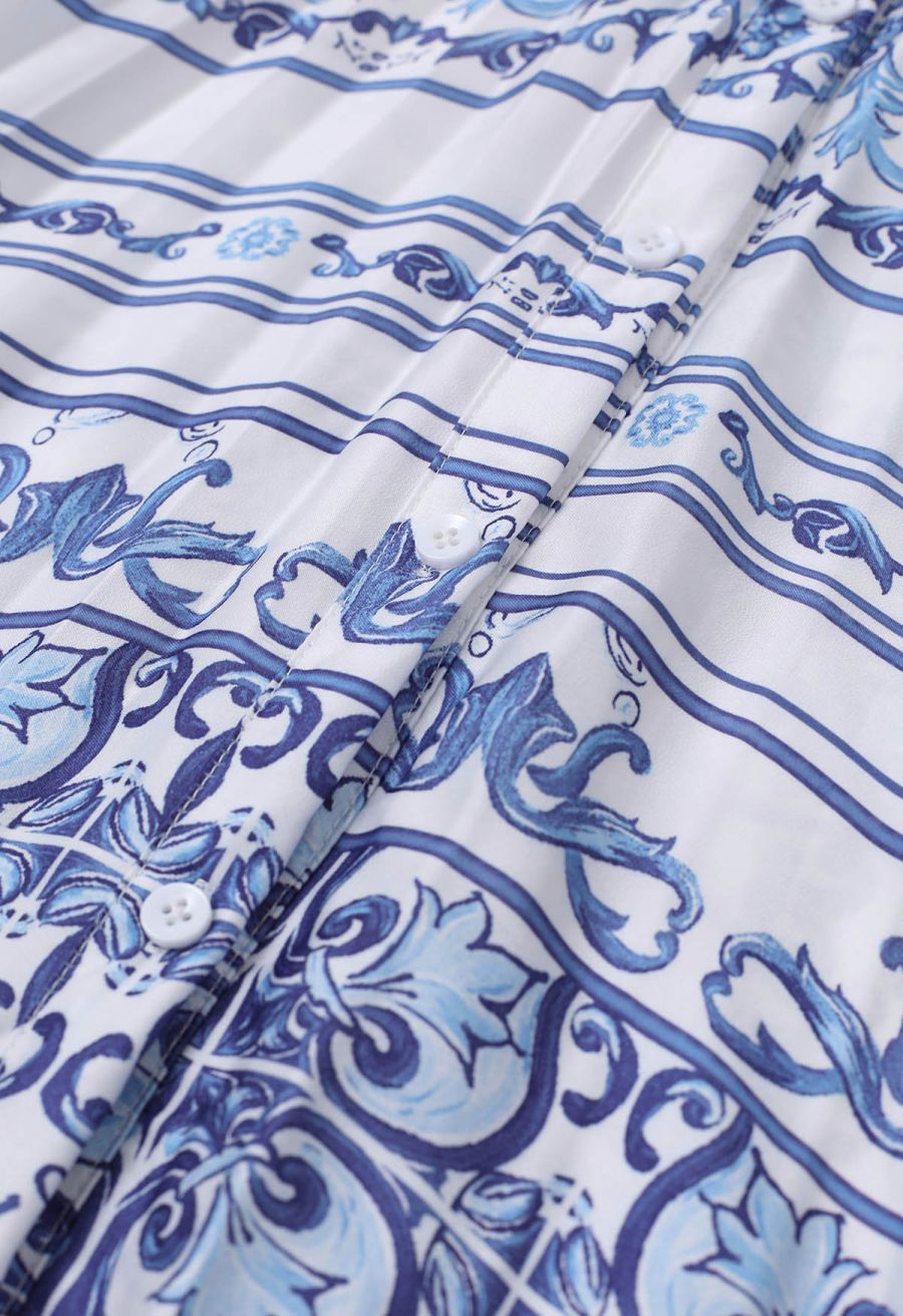 Blue Tile Printed Full Pleats Button Down Asymmetric Maxi Dress