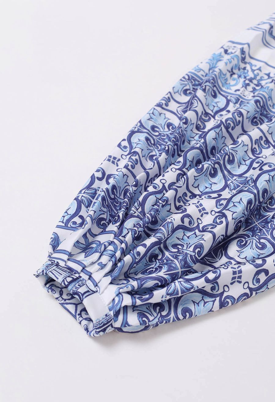 Blue Tile Printed Full Pleats Button Down Asymmetric Maxi Dress