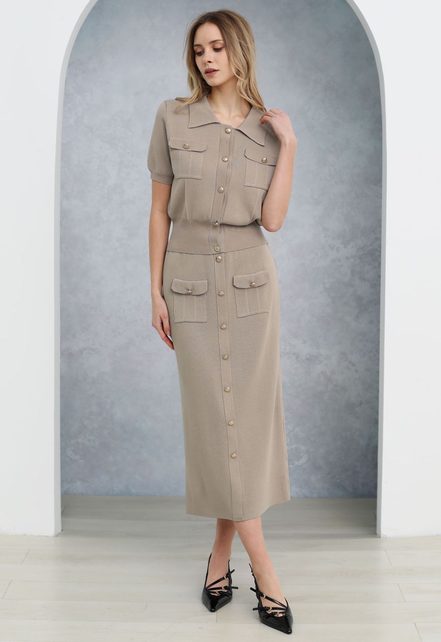 Standout Button Short-Sleeve Knit Top and Midi Skirt Set in Taupe