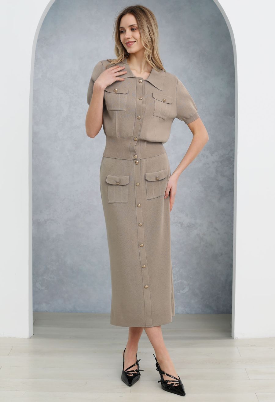Standout Button Short-Sleeve Knit Top and Midi Skirt Set in Taupe