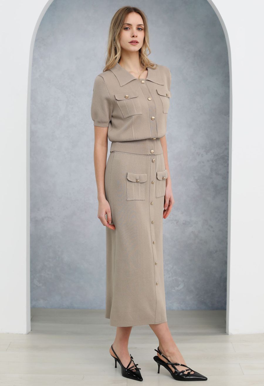 Standout Button Short-Sleeve Knit Top and Midi Skirt Set in Taupe