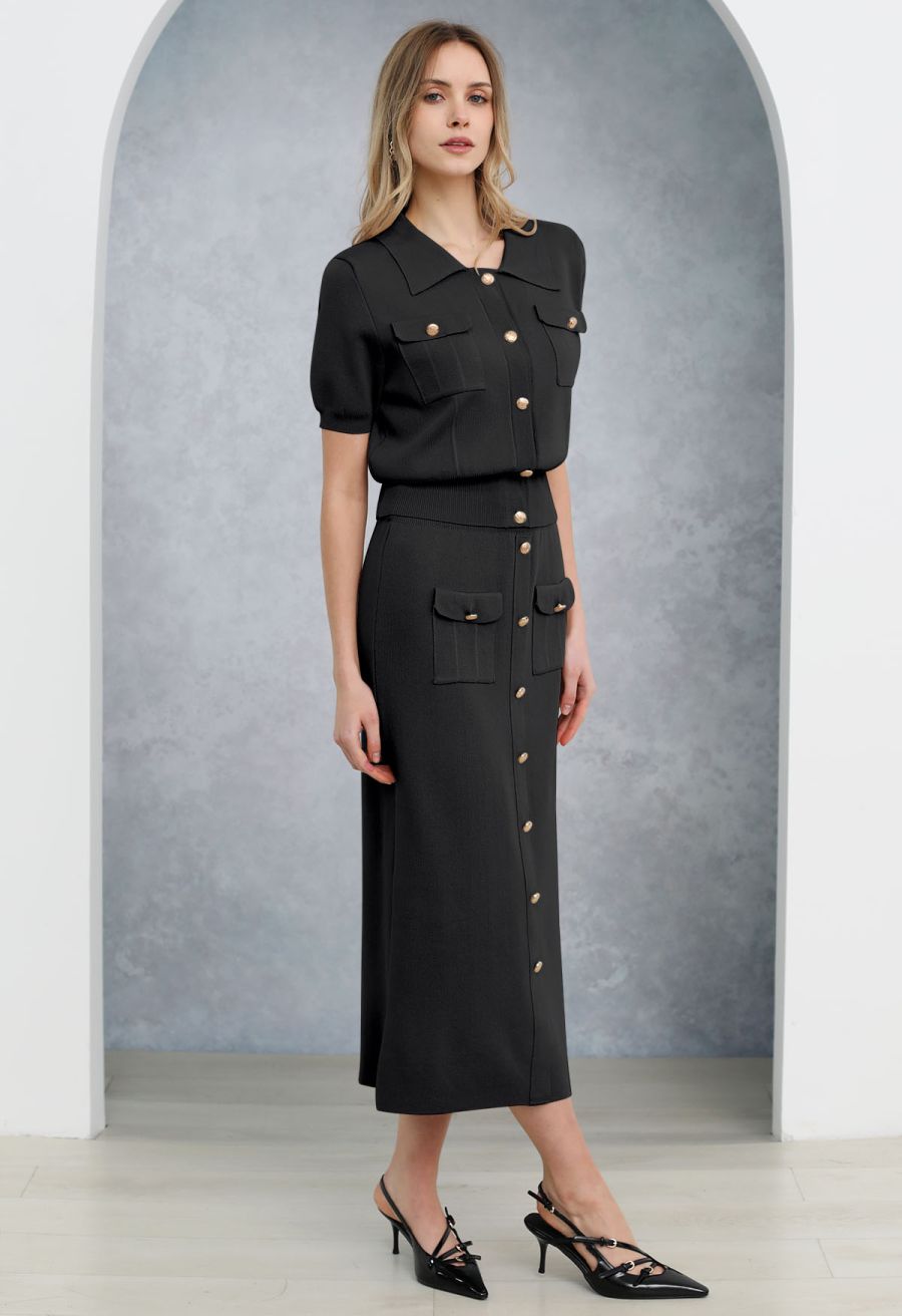 Standout Button Short-Sleeve Knit Top and Midi Skirt Set in Black