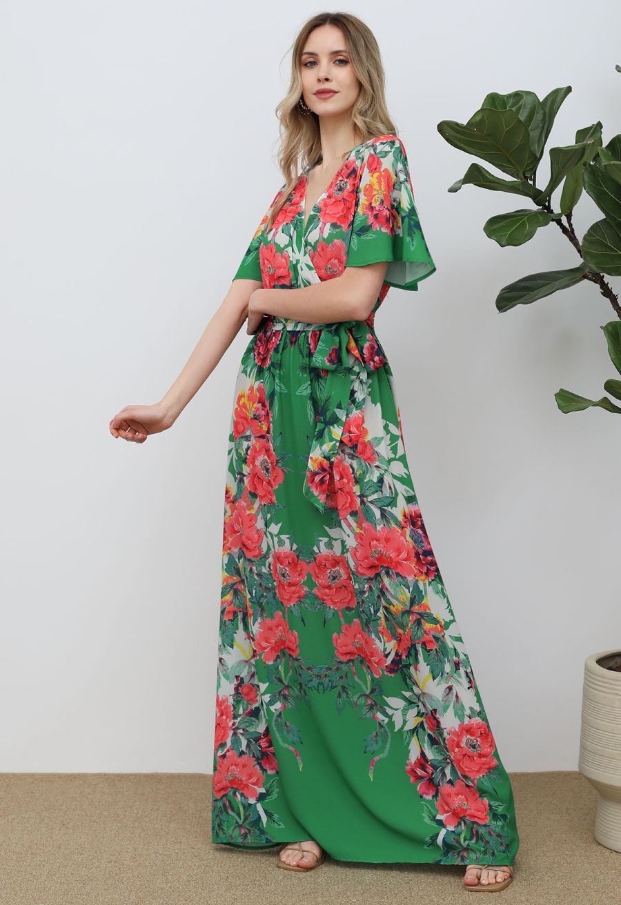 Greenery Blossom Printed Faux-Wrap Maxi Dress