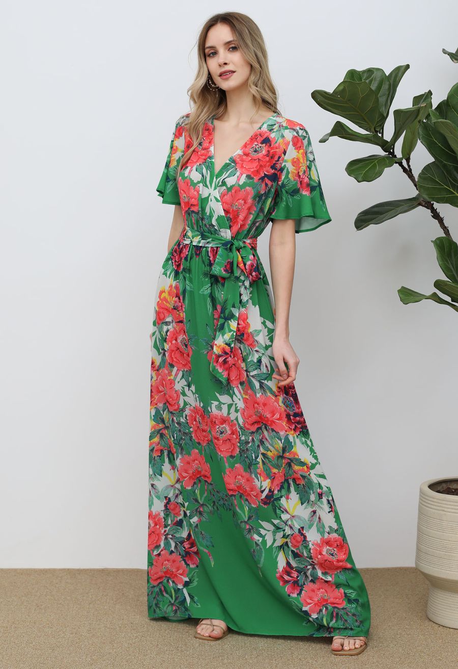 Greenery Blossom Printed Faux-Wrap Maxi Dress