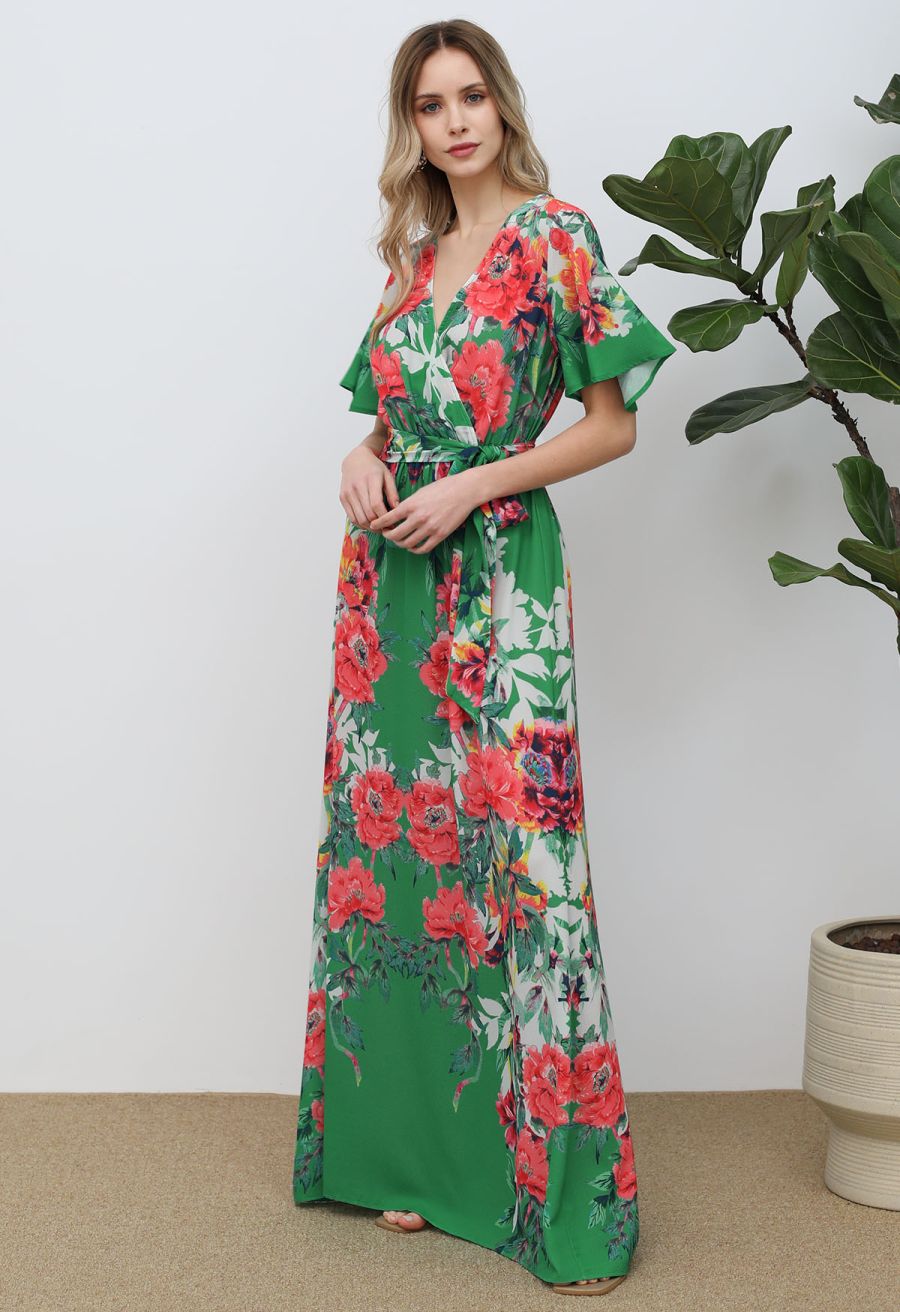 Greenery Blossom Printed Faux-Wrap Maxi Dress