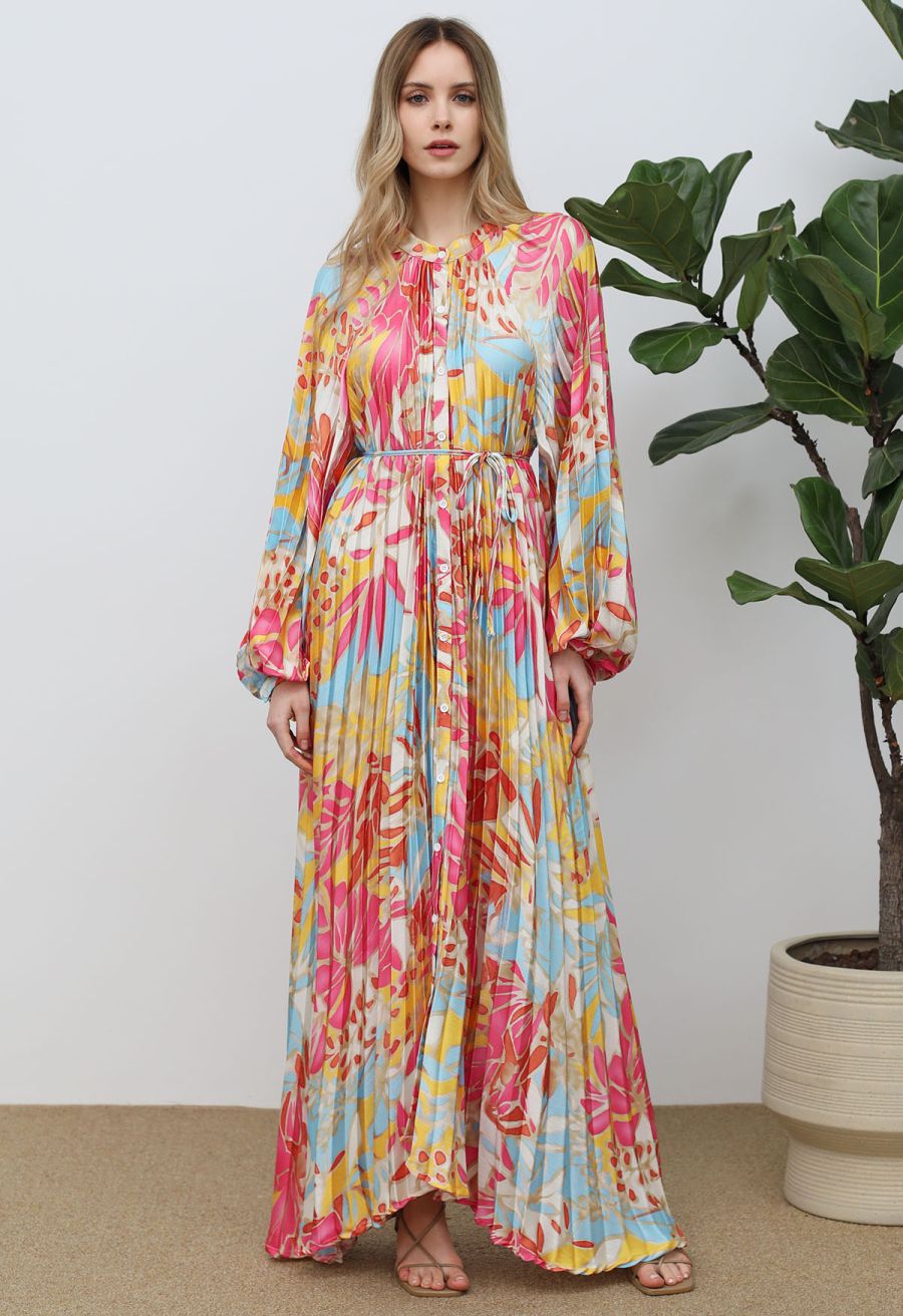Coral Tropical Printed Full Pleats Button Down Asymmetric Maxi Dress