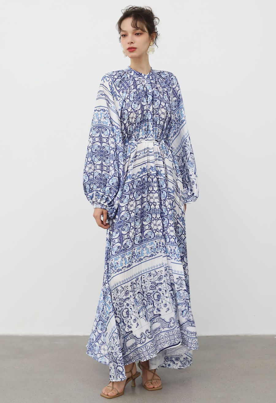 Blue Tile Printed Full Pleats Button Down Asymmetric Maxi Dress
