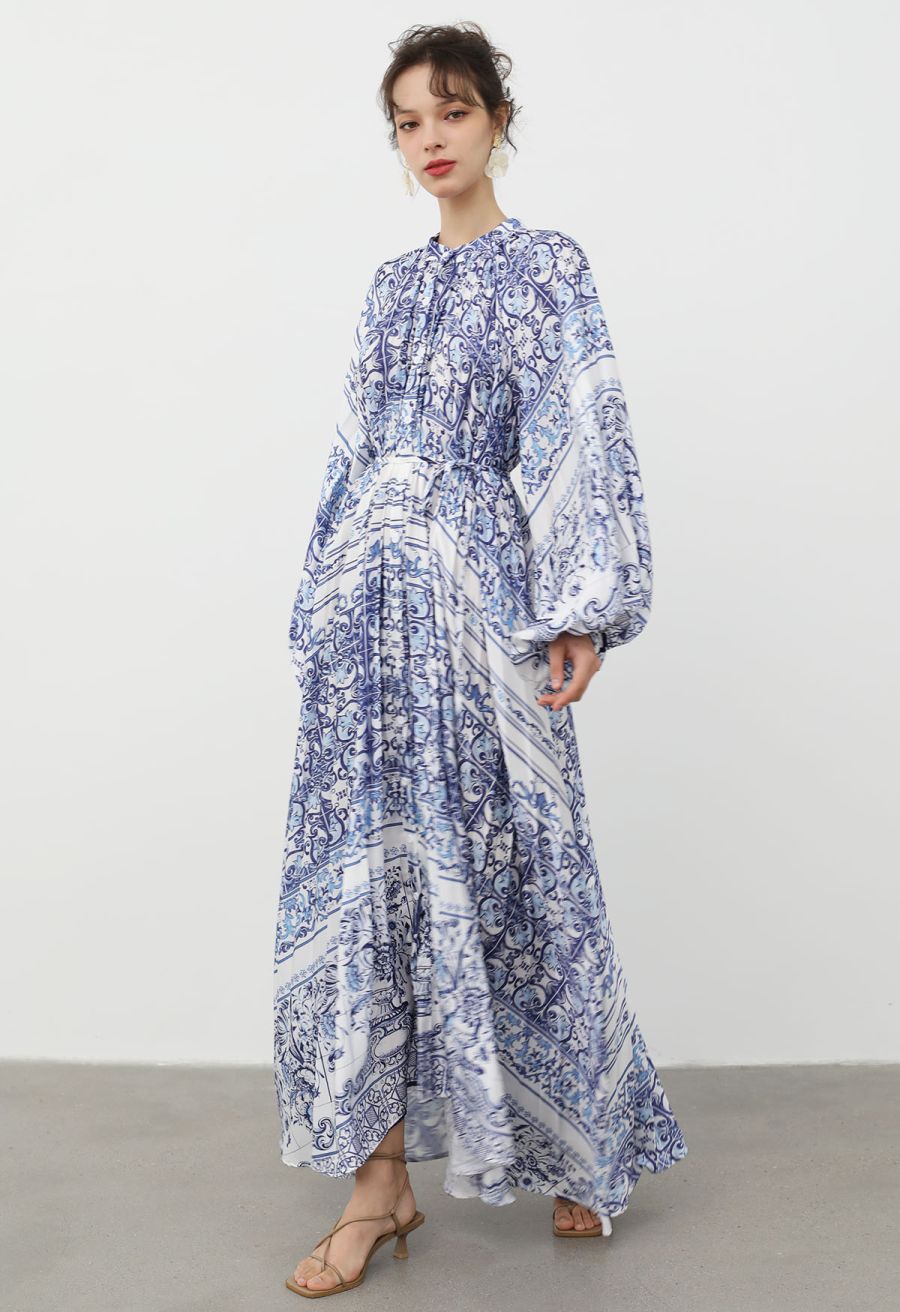 Blue Tile Printed Full Pleats Button Down Asymmetric Maxi Dress