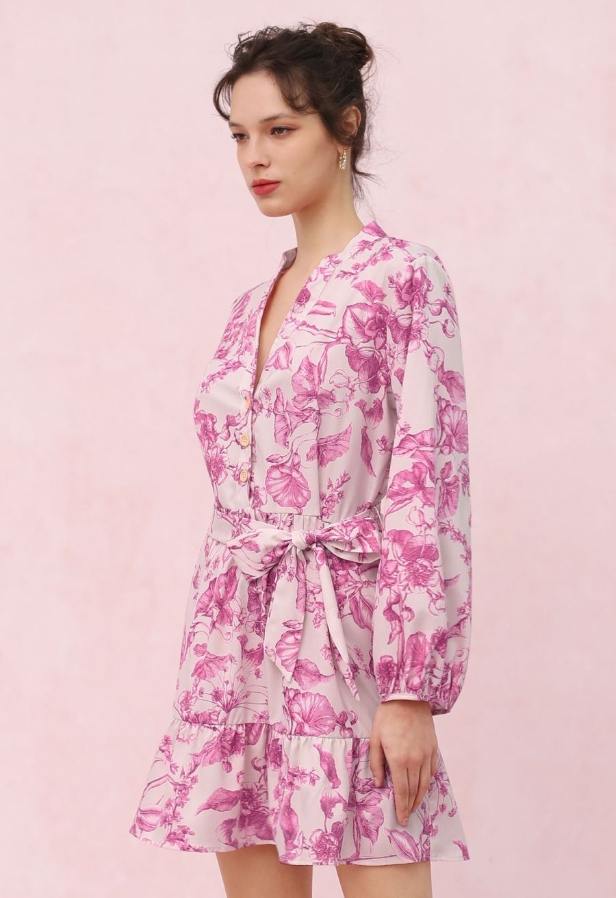 Watercolor Hot Pink Flower Lantern Sleeves Mini Dress