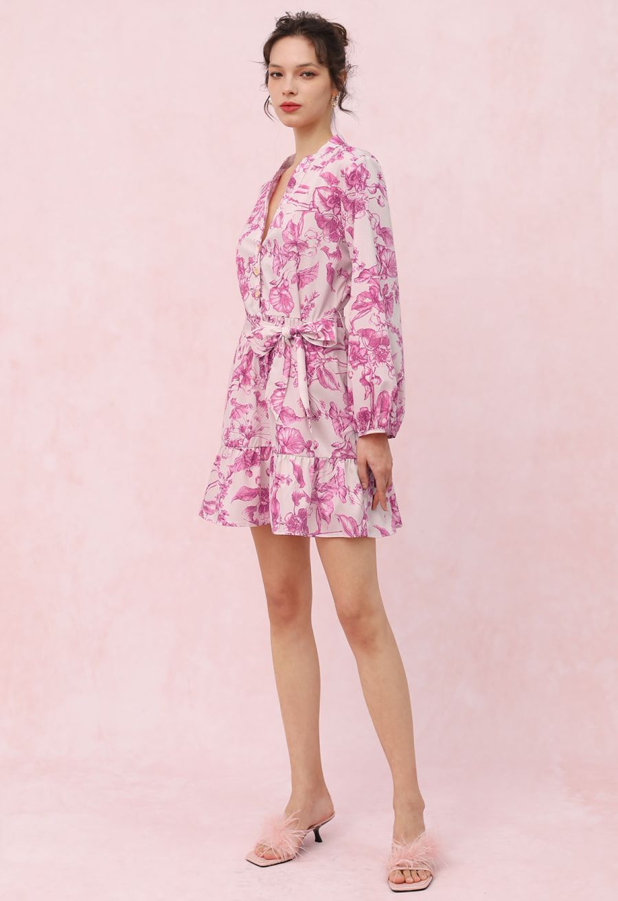 Watercolor Hot Pink Flower Lantern Sleeves Mini Dress