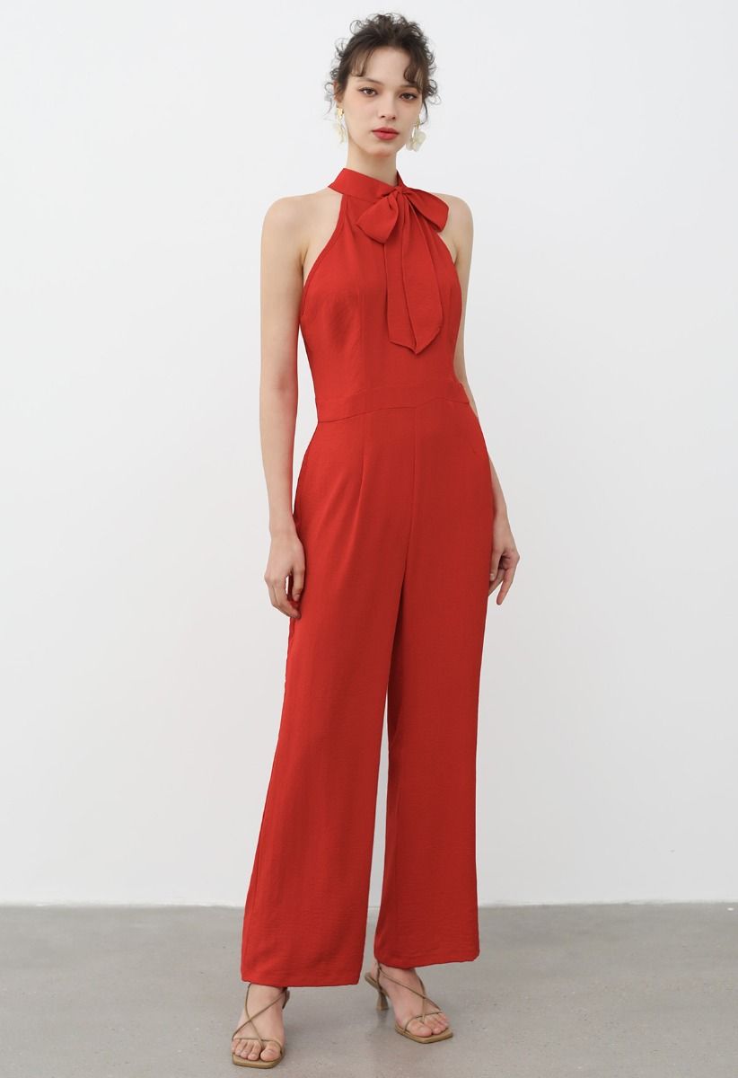 Sleek Bowknot Halter Neck Jumpsuit in Orange