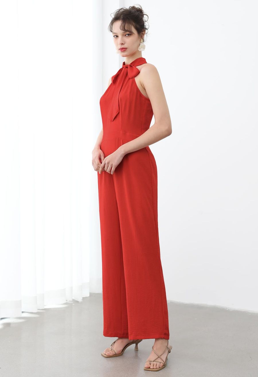 Sleek Bowknot Halter Neck Jumpsuit in Orange